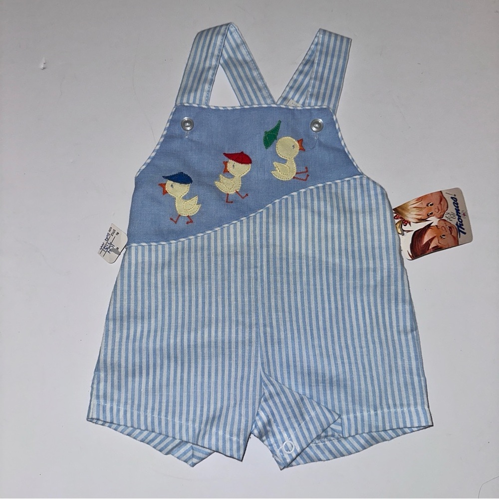 NWT VINTAGE By Thomas Shortalls appliqued ducks blue chambray Baby Blue 6-9M